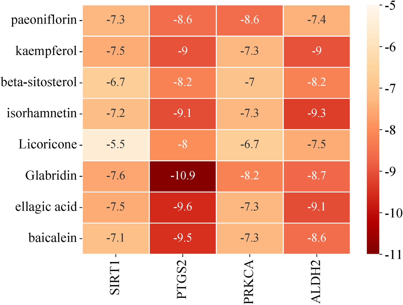 Heatmap showing binding affinities of compounds to four proteins. Glabridin has the lowest affinity for PTGS2 at negative ten point nine. Colors range from light orange to dark red, indicating higher affinities.