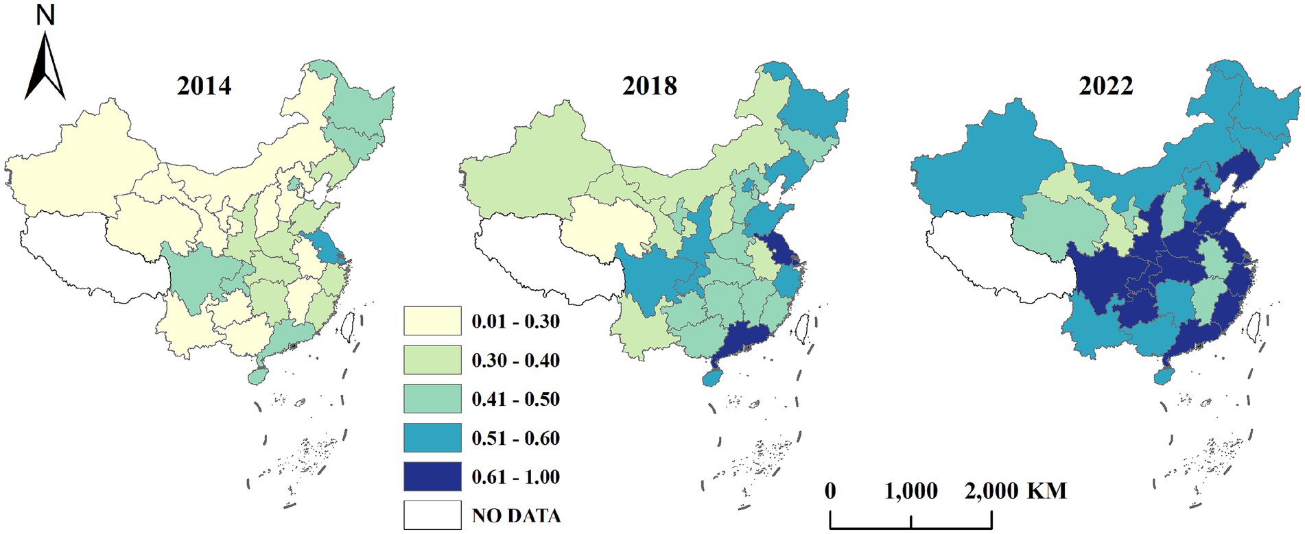 Three maps of China from 2014, 2018, and 2022 show regional data using color gradients. The colors range from light yellow (0.01-0.30) to dark blue (0.61-1.00). Over time, more regions change to darker shades, indicating increasing values. Some areas show no data. A scale bar indicates distances of zero to two thousand kilometers.