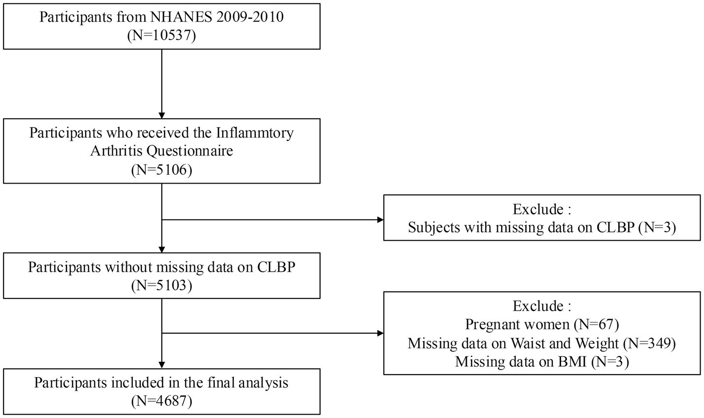 Flowchart of participant selection from NHANES 2009-2010. Initially, 10,537 participants were considered. 5,106 received the Inflammatory Arthritis Questionnaire. Three were excluded for missing CLBP data, leaving 5,103. Further exclusions included 67 pregnant women, 349 for missing waist and weight data, and three for missing BMI data, resulting in 4,687 for the final analysis.