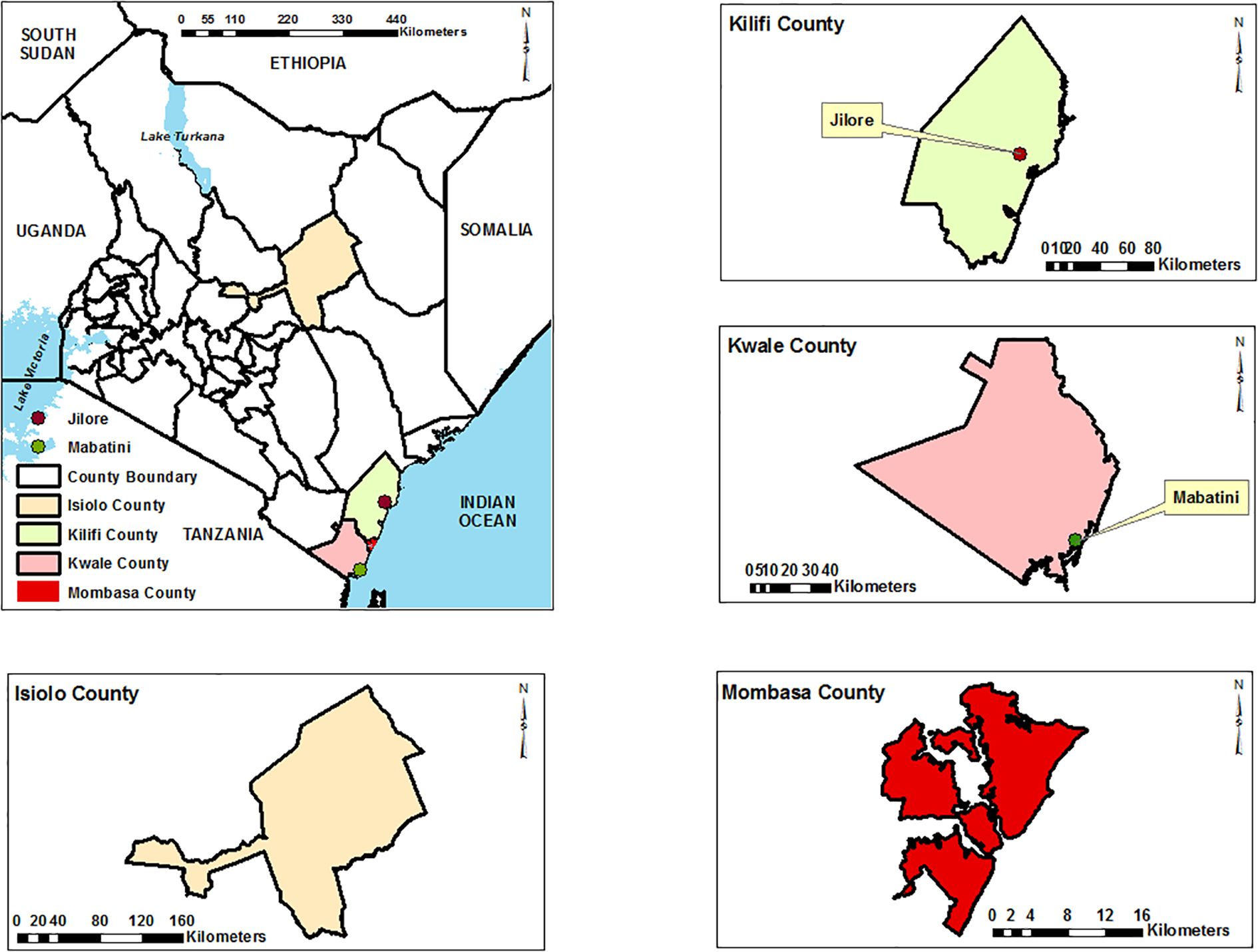 Map showing Kenya with detailed views of four counties: Kilifi, Kwale, Isiolo, and Mombasa. Kilifi is highlighted in green with Jilore marked. Kwale is pink with Mabatini marked. Isiolo is beige, and Mombasa is red. Color-coded legends and compass roses are shown.