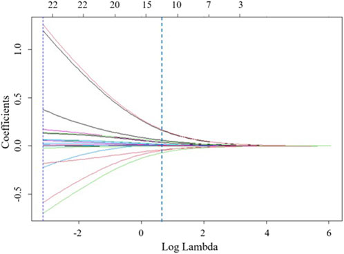 A graph showing coefficient paths in a Lasso regression model as a function of the logarithm of the lambda parameter. Individual colored lines represent different coefficients, converging to zero with increasing lambda values. Vertical dashed lines indicate specific lambda values.