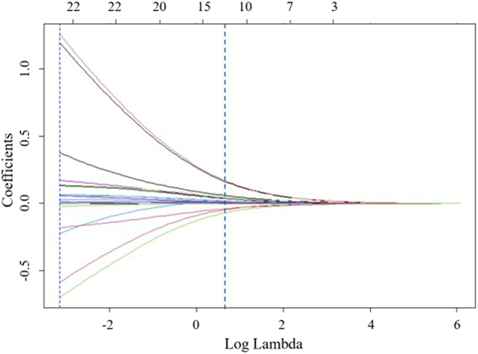 A graph showing coefficient paths in a Lasso regression model as a function of the logarithm of the lambda parameter. Individual colored lines represent different coefficients, converging to zero with increasing lambda values. Vertical dashed lines indicate specific lambda values.
