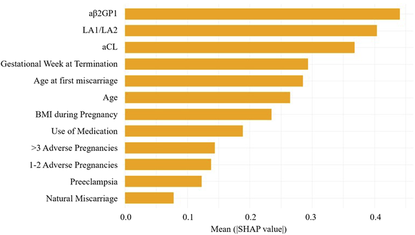 Horizontal bar chart showing the mean SHAP values for different factors affecting a particular outcome. The factors, listed from highest to lowest SHAP value, include aβ2GP1, LA1/LA2, aCL, gestational week at termination, age at first miscarriage, age, BMI during pregnancy, use of medication, more than three adverse pregnancies, one to two adverse pregnancies, preeclampsia, and natural miscarriage. aβ2GP1 has the highest SHAP value, followed by LA1/LA2.