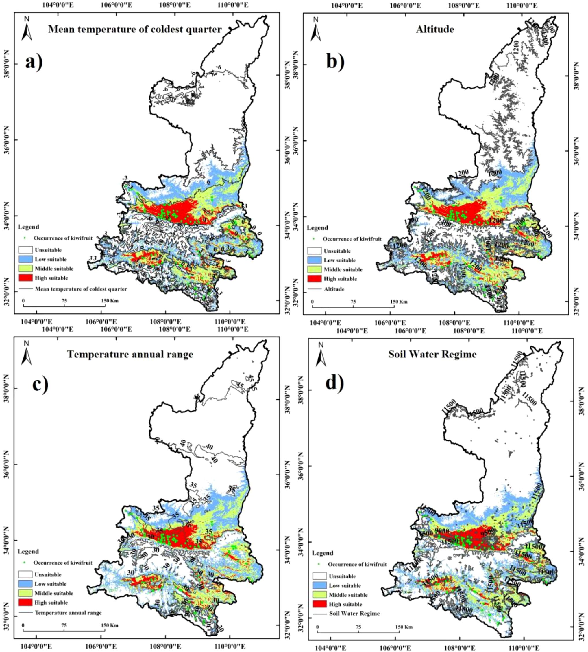 Four maps showing the suitability of regions for kiwifruit growth based on different factors. Map a) highlights mean temperature of the coldest quarter. Map b) focuses on altitude. Map c) assesses temperature annual range. Map d) illustrates soil water regime. Each map uses color coding for suitability levels: unsuitable, low, middle, and high.