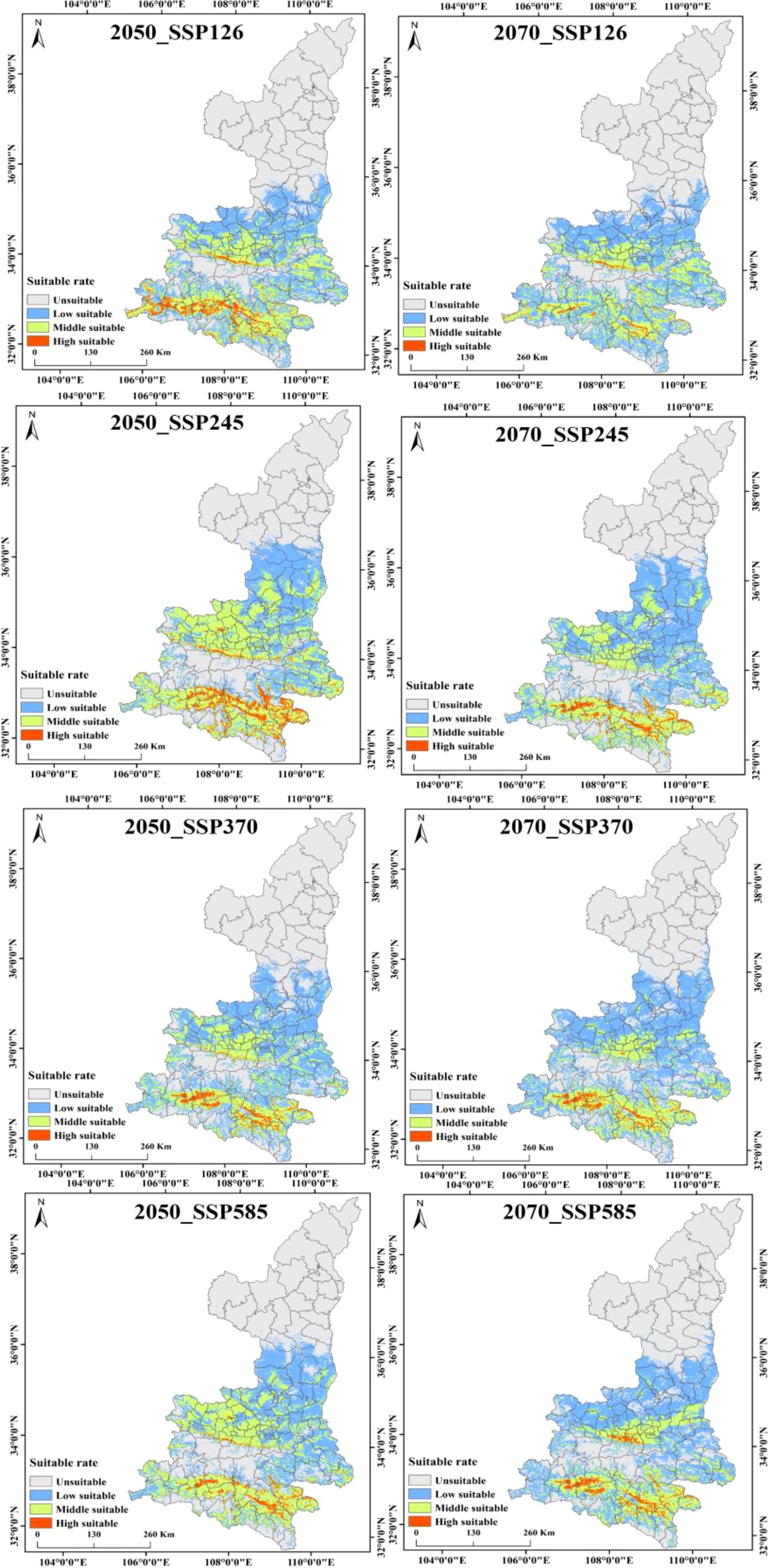Maps illustrating the suitability of areas in a region for different timeframes and scenarios: 2050 and 2070 under SSP126, SSP245, SSP370, and SSP585 scenarios. Color-coded for unsuitability (gray), low suitability (blue), middle suitability (green), and high suitability (red). The maps show variations in suitability across different scenarios, with a legend indicating the scale and colors.