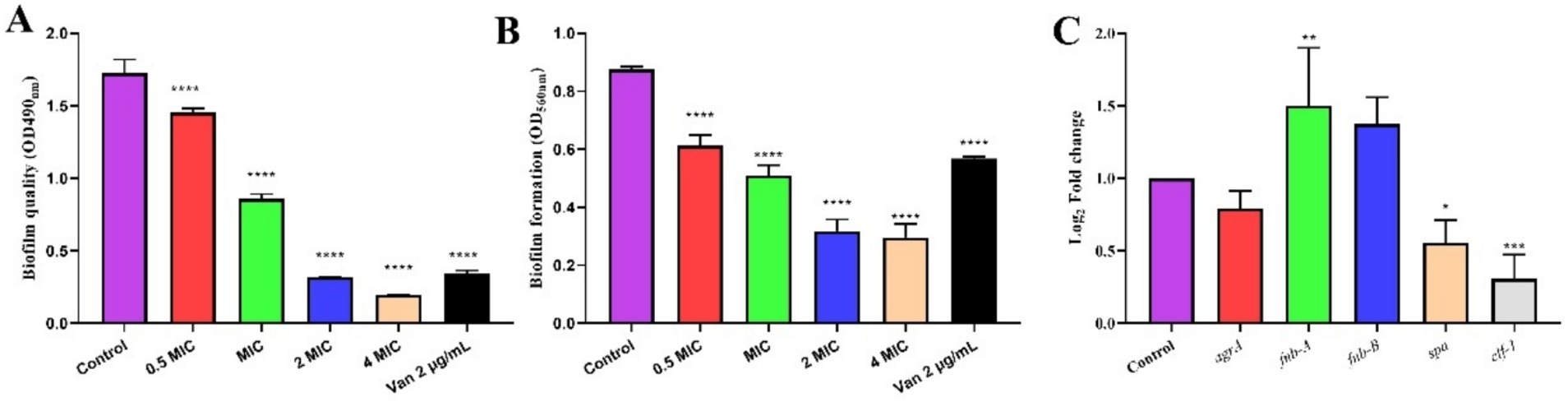 Bar graphs depicting biofilm quality, formation, and gene expression changes. Graph A shows varying reductions in biofilm quality across different concentrations, with the highest at control. Graph B displays a similar trend in biofilm formation. Graph C illustrates log2 fold changes in different genes, with notable increases in fnbA and fnbB and decreases in spa and clfA.