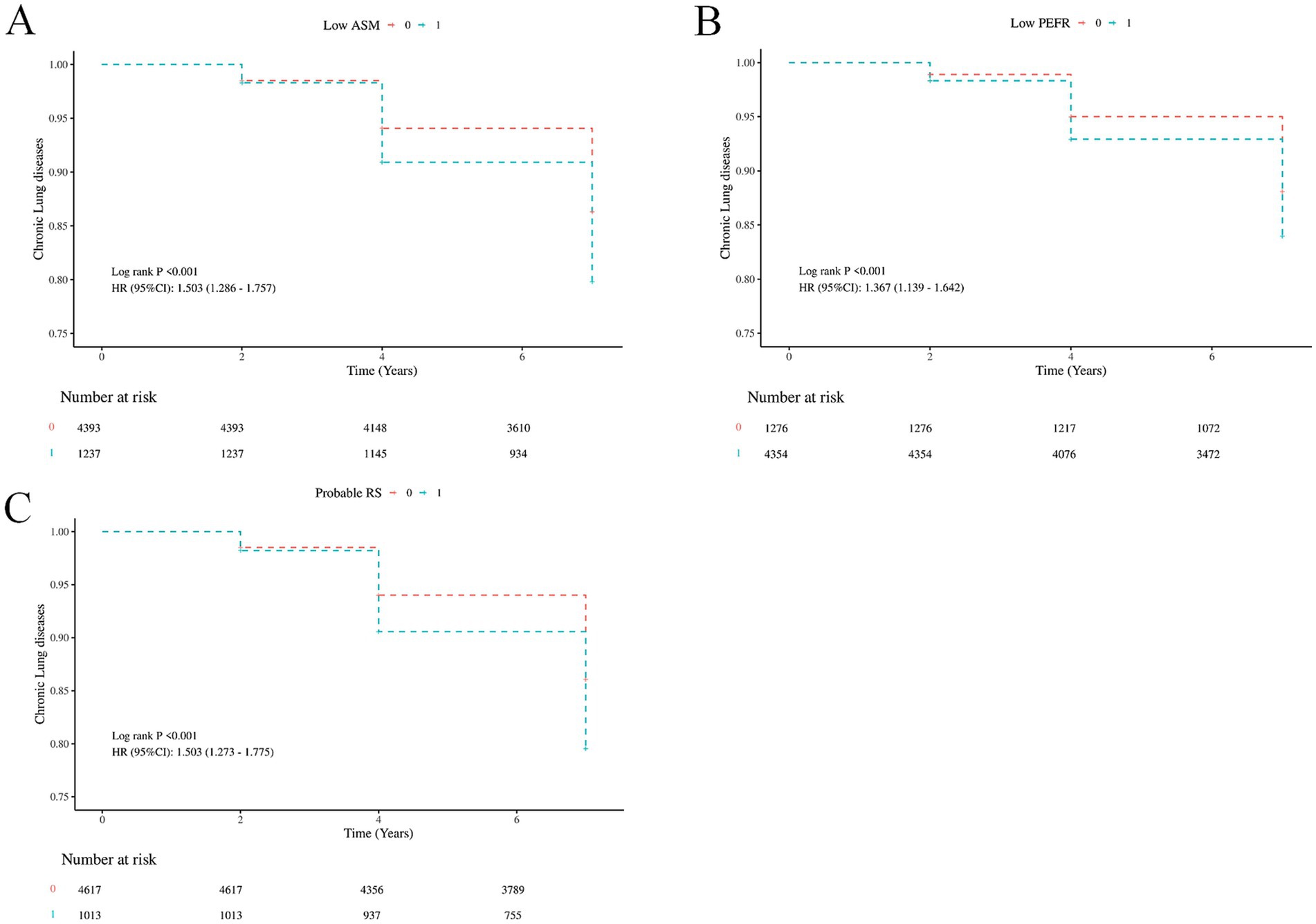 Three Kaplan–Meier survival curves depict chronic lung disease incidences over seven years. Chart A shows low ASM impact with a hazard ratio (HR) of 1.47. Chart B shows low PEFR impact with an HR of 1.31. Chart C shows probable respiratory sarcopenia (RS) impact with an HR of 1.49. Each chart includes numbers at risk for two groups over time. All analyses show statistical significance with log-rank p-valuesbelow 0.001.