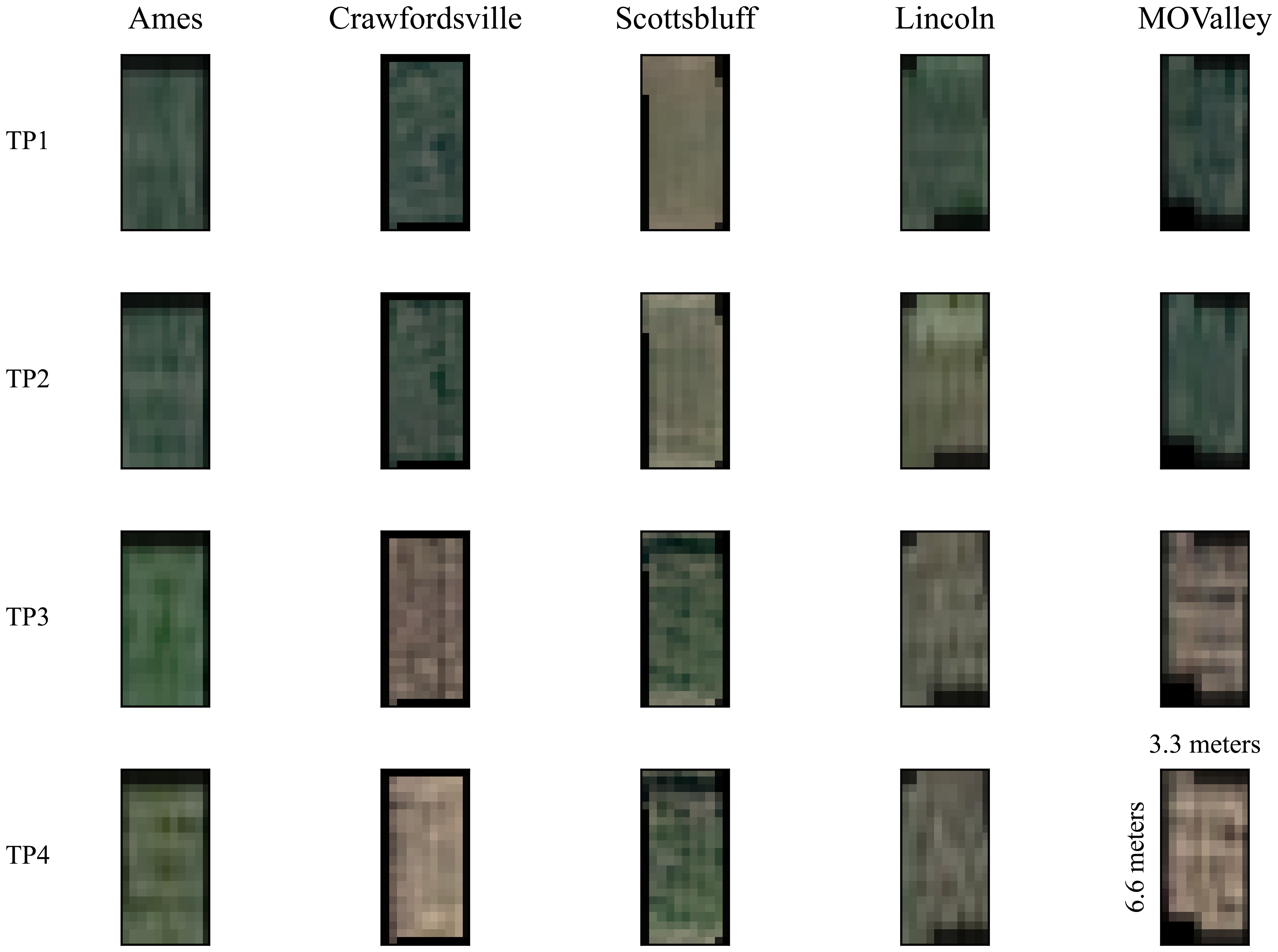 Grid of aerial images labeled by location: Ames, Crawfordsville, Scottsbluff, Lincoln, and MOValley. Vertically aligned images represent time points TP1 to TP4. Scale indicators of 3.3 and 6.6 meters are included. Each segment features vegetation in varying shades of green and brown.