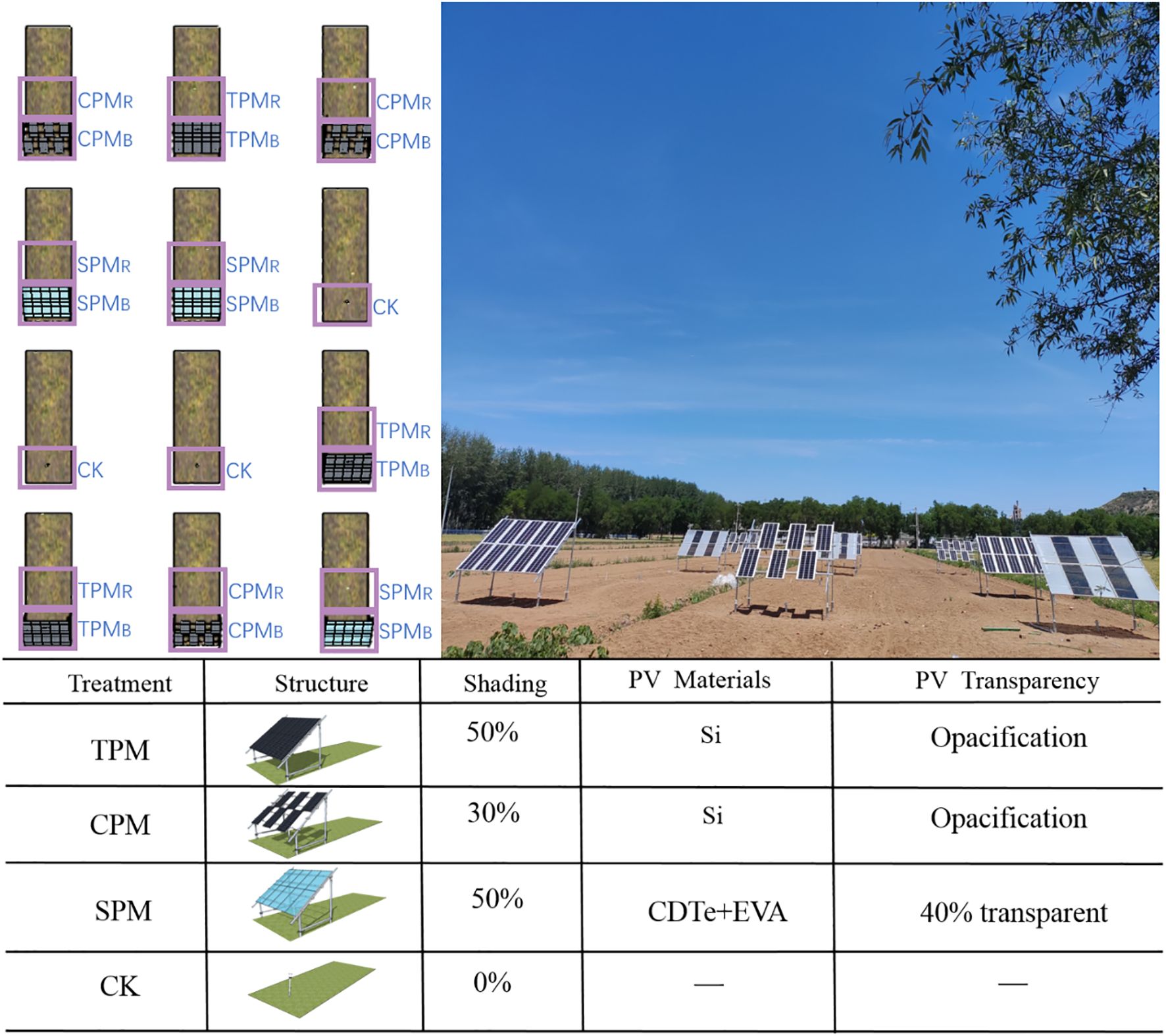 Diagrams and photo of solar panel setups in a field, showing different treatments: TPM, CPM, SPM, and CK. A table lists shading, PV materials, and transparency for each treatment.