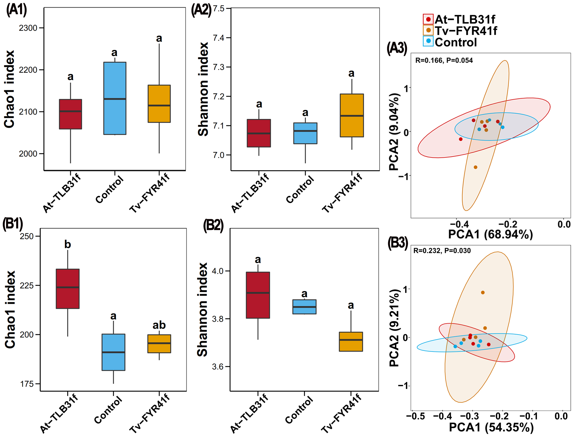 Box plots and PCA graphs comparing At-TLB31f, Tv-FYR41f, and control groups. Panels A1 and B1 display Chao1 index results; A2 and B2 show Shannon index results. PCA plots in A3 and B3 illustrate the dispersion of groups with correlation statistics given. Different colors represent each group: red for At-TLB31f, yellow for TvFYR41f, and blue for control. Statistical significance is indicated by letters a and b above box plots.