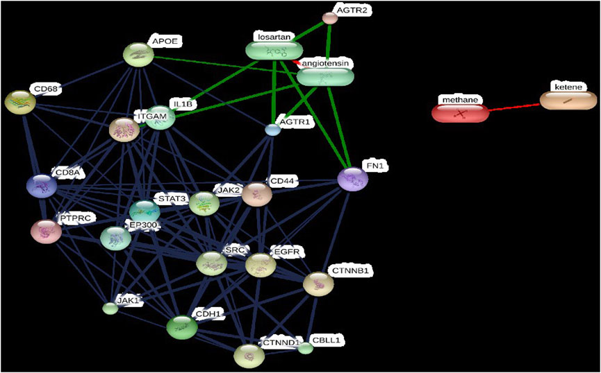 A complex network diagram illustrating interactions between various proteins and molecules. Nodes represent entities like APOE, IL1B, and losartan, connected by lines indicating relationships. Green lines denote specific interactions, while red lines highlight a connection between methane and ketene. Each node has a label and is color-coded, with some displaying structural diagrams, emphasizing biochemical interactions.