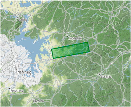 Map highlighting a rectangular area in a green overlay between cities such as Jingdezhen, Nanchang, Fengcheng, and Shangrao. The terrain shows varying elevations and road networks.
