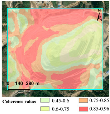 Map displaying coherence values in a terrain represented by different colors. Light green indicates 0.45-0.6, yellow 0.6-0.75, orange 0.75-0.85, and red 0.85-0.96. A scale bar indicates distances of 0, 140, and 280 meters. A north arrow is shown in the upper right.
