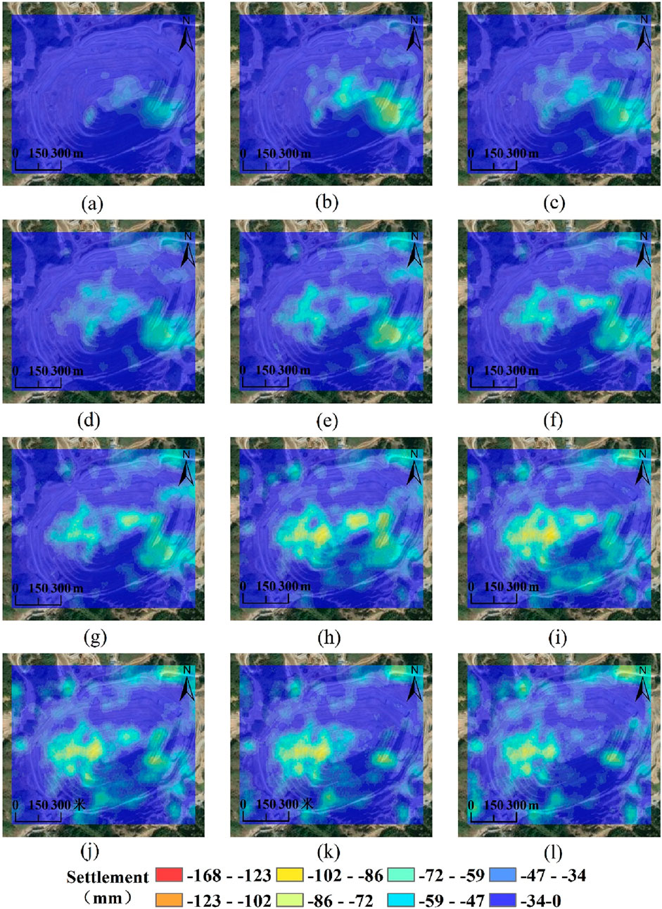 Twelve panels labeled (a) to (l) displaying color-coded maps indicating settlement values in millimeters with a scale from red (-168) to light blue (0). Each map shows variations in intensity, suggesting changes over time or conditions. A compass indicating north and a scale bar from 0 to 300 meters is included in each map.