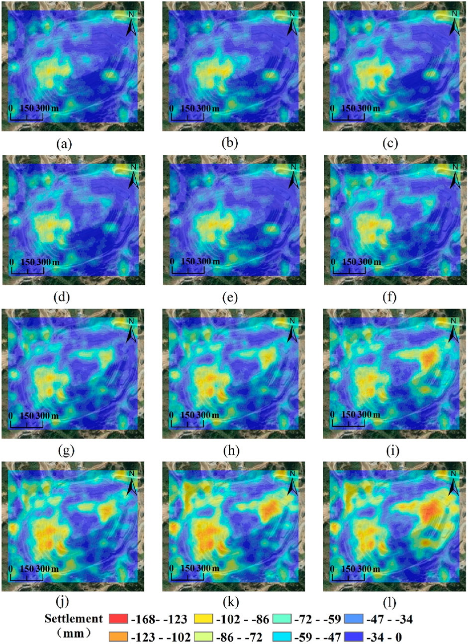 Twelve heat maps labeled (a) to (l) show data on settlement intensity in millimeters, using colors from red to blue to represent values from minus one hundred sixty-eight to zero. Each map has a north indicator and a scale of 0, 150, and 300 meters.