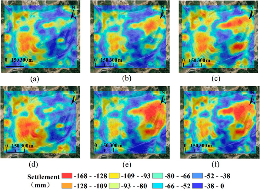Six heat maps labeled (a) to (f) display varying levels of settlement in millimeters. Colors range from red, indicating higher settlement (-168 to -128 mm), to blue, indicating lower settlement (-38 to 0 mm). Each map includes a scale of 0 to 300 meters and a north arrow for orientation.