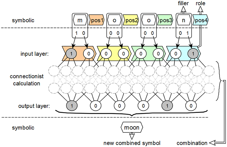 Diagram illustrating a connectionist model for symbolic representation processing. It features a layered architecture: symbolic, input, connectionist calculation, and output layers. The input layer depicts binary encoded symbols “m,” “o,” and “n” at different positions. Arrows indicate interactions among layers, contributing to the synthesis of the new combined symbol “moon” at the symbolic output. Labels mark different roles and fillers, highlighting their positions within the network.