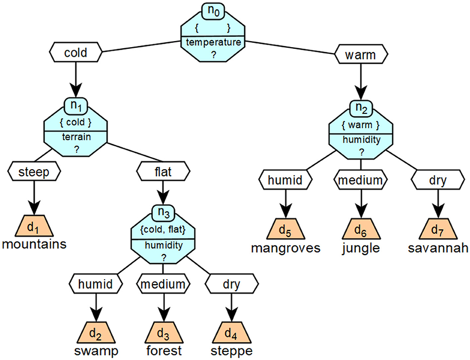 Decision tree diagram showing classification based on temperature and terrain. It begins by splitting into cold or warm temperatures. For cold: steep terrain leads to mountains, flat terrain to humid, medium, or dry, leading to swamp, forest, or steppe. For warm: humid, medium, or dry humidity leads to mangroves, jungle, or savannah.