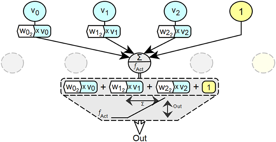 Diagram of a neural network model showing three inputs: v0, v1, v2 with corresponding weights w02, w12, w22. These are connected to a node consisting of a summation and an activation function. A bias input of 1 is included. The summation feeds into the activation function fact, leading to an output labeled “Out”. Arrows indicate the flow of information from inputs to output.