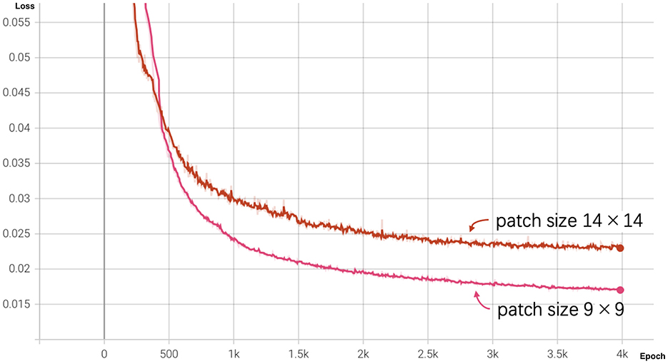 Line graph showing loss versus epoch for two different patch sizes. The red line represents patch size fourteen by fourteen, and the pink line represents patch size nine by nine. Both lines show a decreasing trend, with the pink line consistently lower, indicating lower loss for smaller patch sizes. The x-axis is labeled as Epoch, and the y-axis is labeled as Loss.