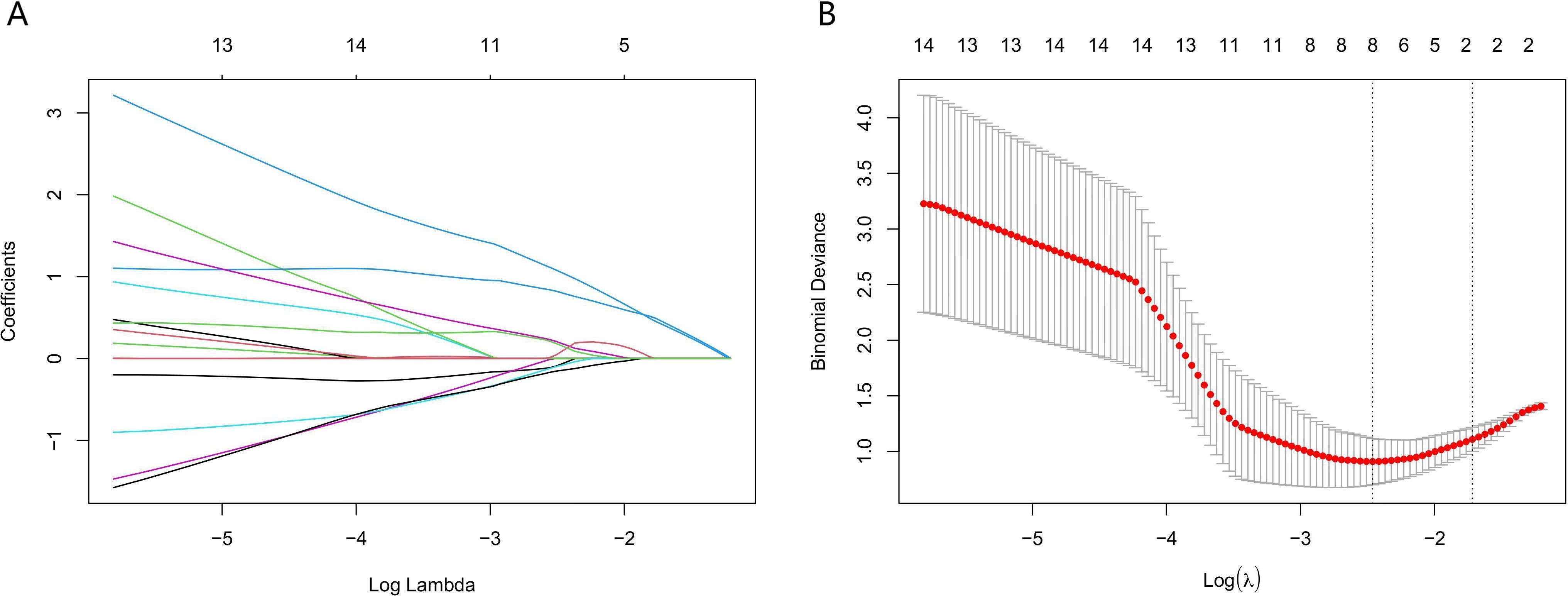 Panel A shows a line plot with coefficients on the y-axis and log lambda on the x-axis, displaying different colored lines representing various coefficients. Panel B shows a plot of binomial deviance on the y-axis against log lambda on the x-axis, with red dots and error bars indicating the relationship and variability.