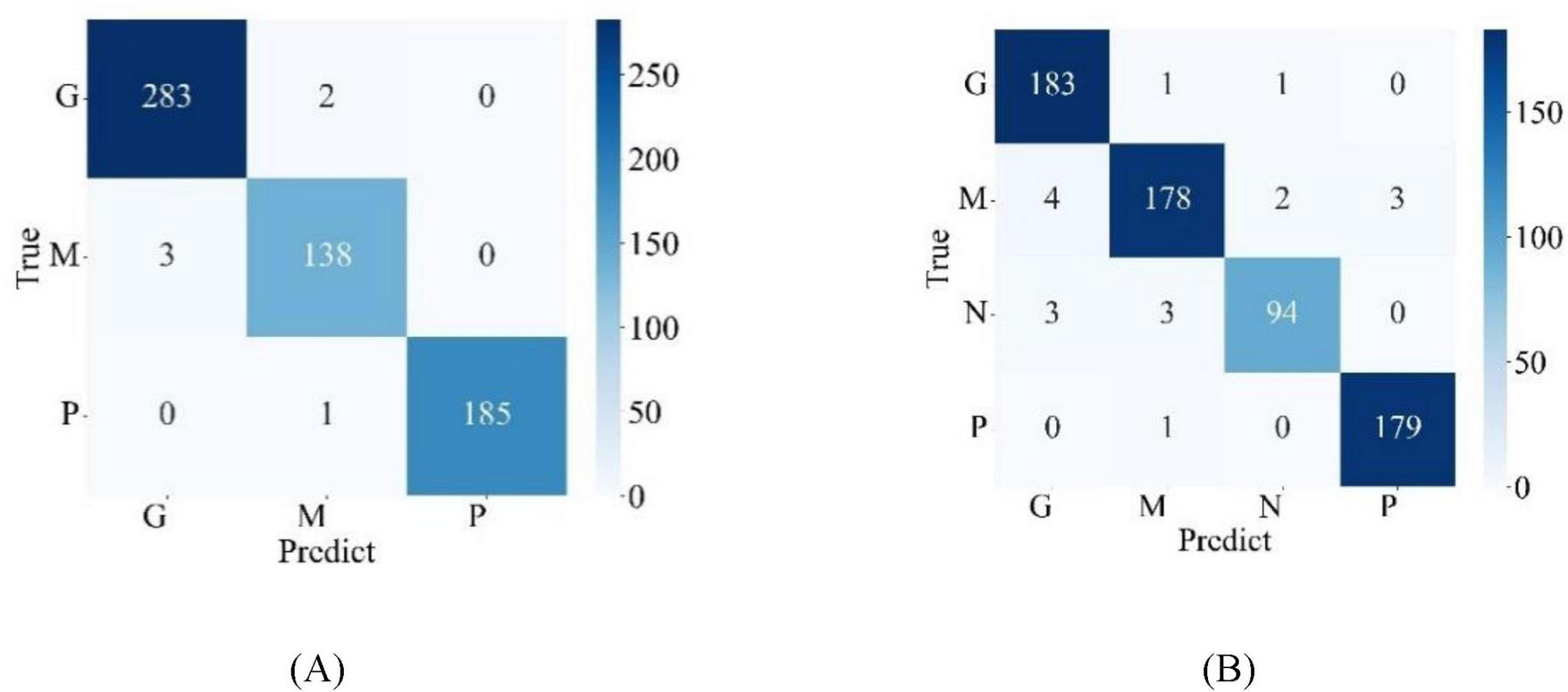 Two confusion matrices compare true versus predicted categories. (A) shows three categories: G, M, and P with actual and predicted values mainly along the diagonal, indicating accurate predictions. (B) introduces a fourth category, N, and also displays strong diagonal alignment, suggesting good model performance. Color gradients represent value magnitude, darker indicating higher values.