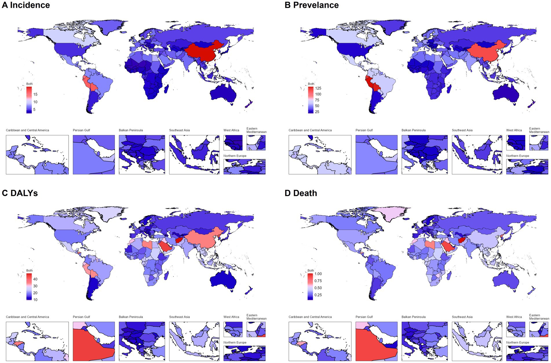 Four world maps display geographic data on a health-related issue. Map A shows incidence, Map B shows prevalence, Map C shows Disability-Adjusted Life Years (DALYs), and Map D shows death rates. The maps use a color gradient from blue to red, indicating increasing values. Insets highlight regions such as the Caribbean, Persian Gulf, Balkan Peninsula, Southeast Asia, West Africa, and Northern Europe. Each map has corresponding regional insets for detailed views, with intensity variations indicating differences in data values.