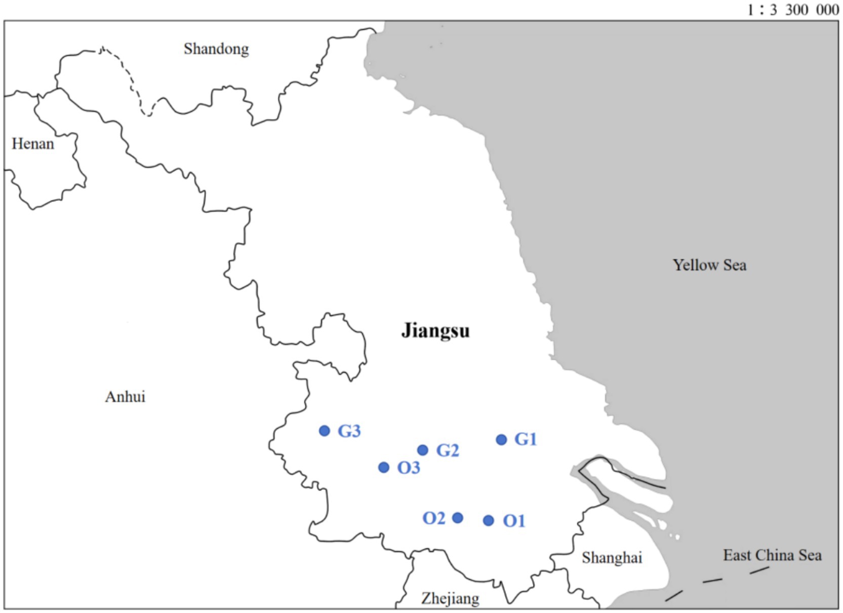 A map of Jiangsu Province, China, showing adjacent provinces and sea areas. The map marks locations such as G1, G2, G3, O1, O2 and O3 within Jiangsu Province.