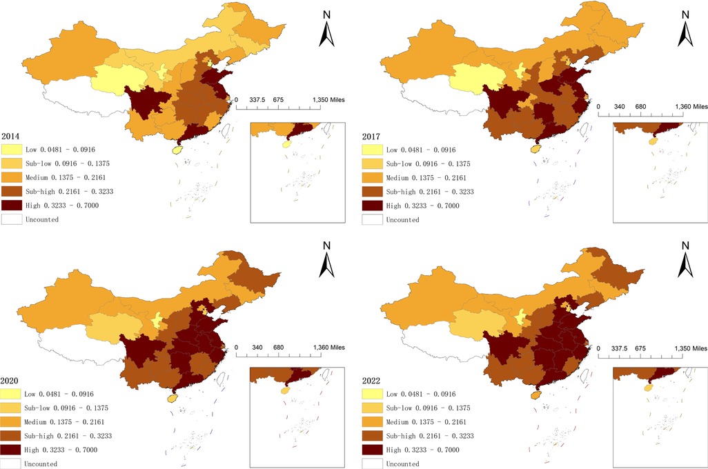 Four maps of China from 2014, 2017, 2020, and 2022 depict regional data distributions. Areas are colored from light yellow to dark brown, representing increasing data values from low to high. A legend indicates five categories: Low, Sub-low, Medium, Sub-high and High. Uncounted areas are shown in white. Each map includes a scale bar and compass for orientation.