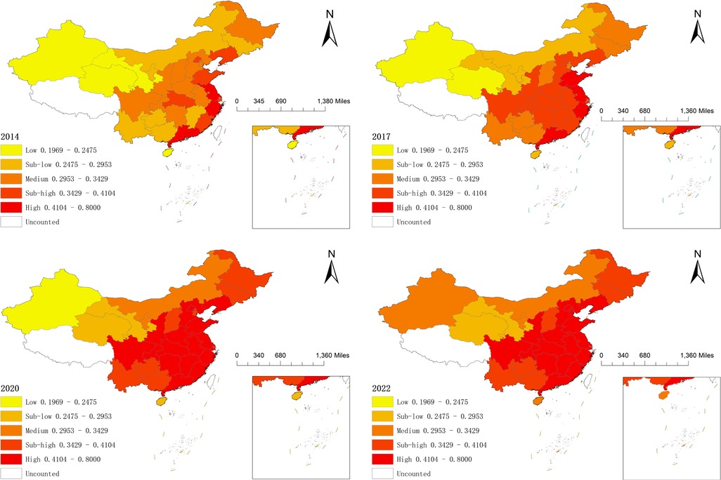 Four maps of China from 2014, 2017, 2020, and 2022 depict regional data distributions. Areas are colored from yellow to dark red, representing increasing data values from low to high. A legend indicates five categories: Low, Sub-low, Medium, Sub-high, High, and Uncounted. Each map includes a scale bar and compass for orientation.