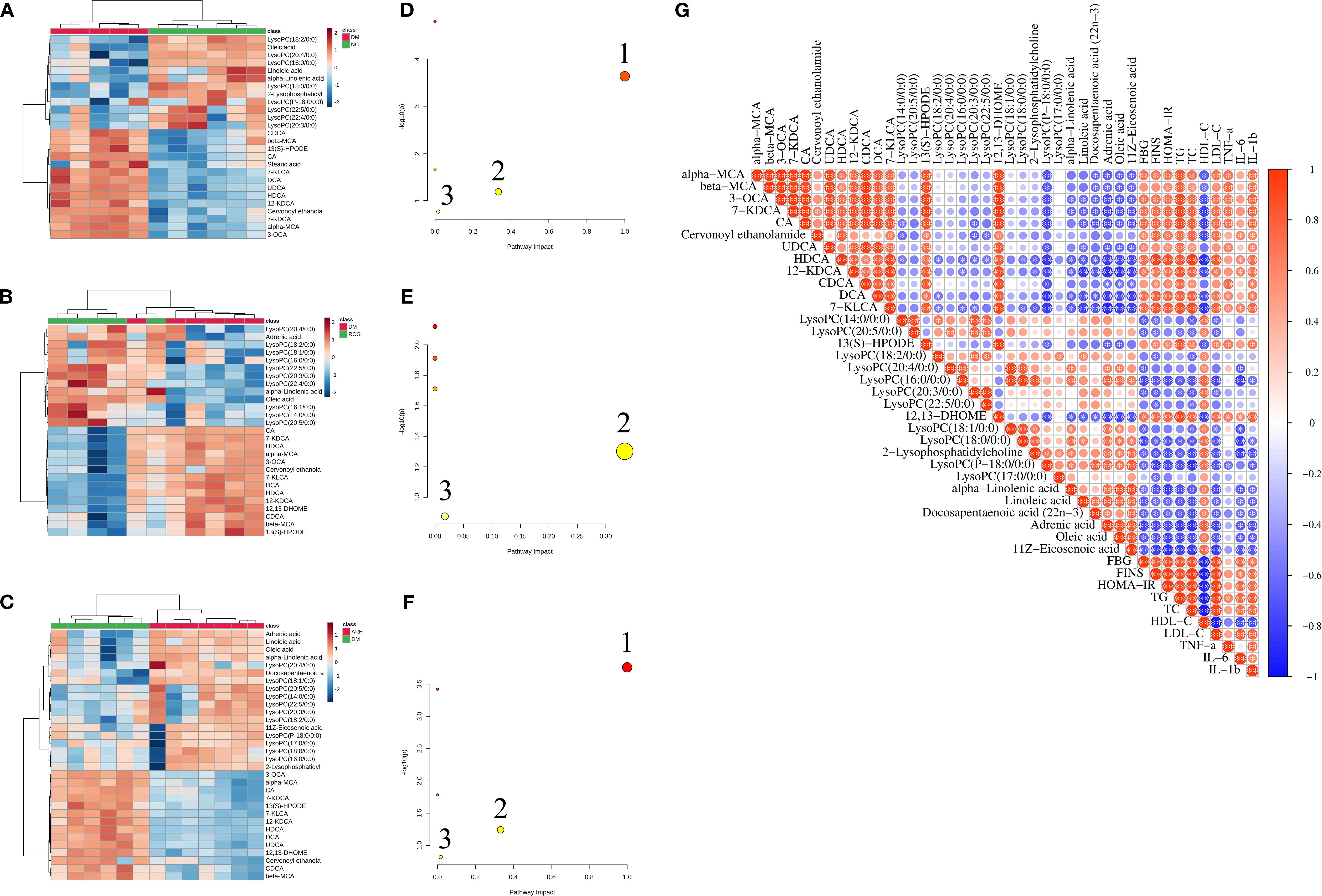 Heatmap and scatter plots displaying various biochemical data across three panels (A, B, C). Each heatmap shows color-coded data correlating with metabolic variables. Scatter plots (D, E, F) represent pathway impact versus significance for identified metabolites. Panel G is a correlation matrix with color intensity indicating correlation strength between metabolites.