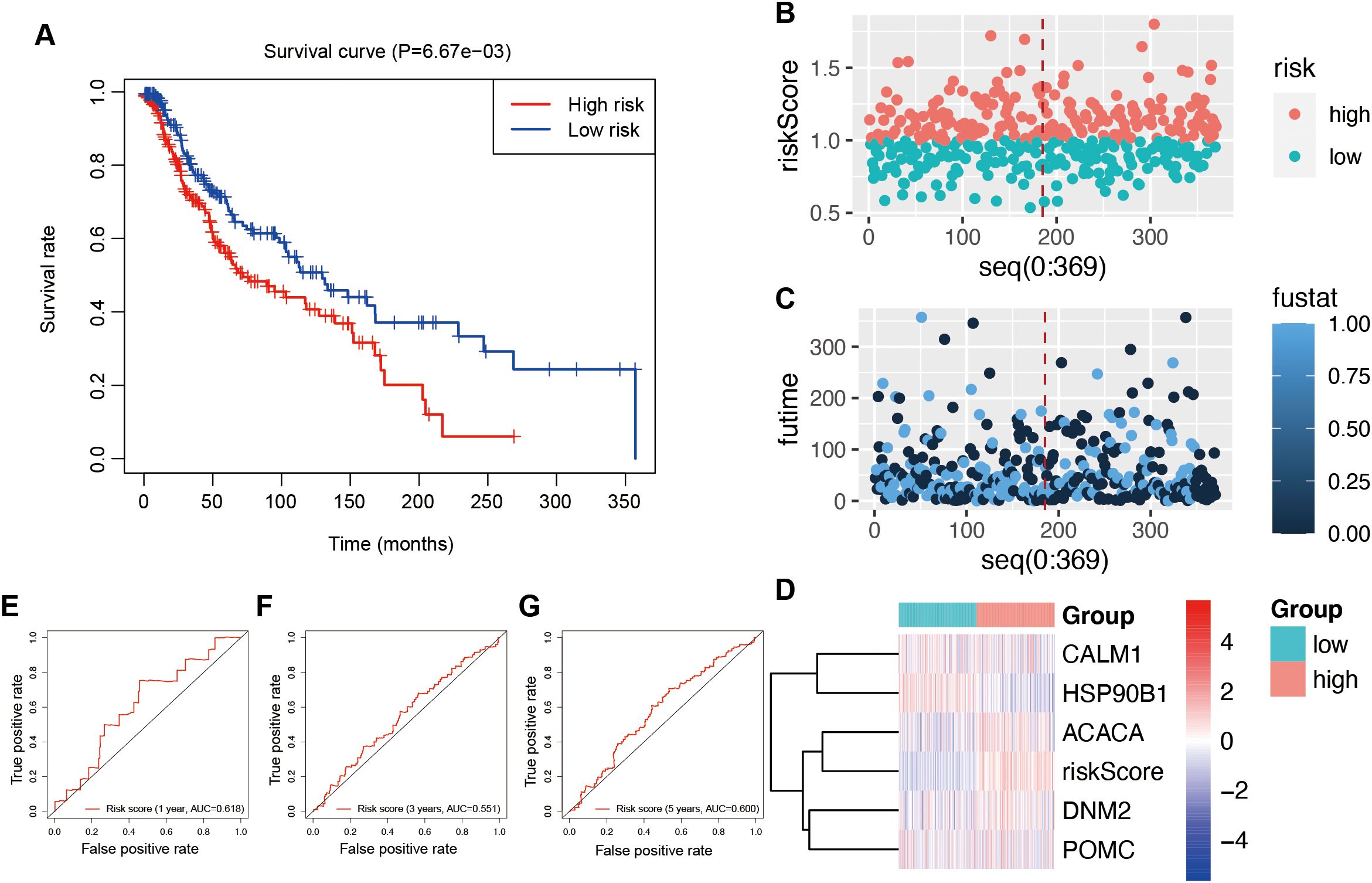 Panel A shows a survival curve for high and low-risk groups, with a significant difference (P=6.67e-03). Panel B is a scatter plot indicating risk scores by sequence, differentiating high and low risk. Panel C is another scatter plot showing futime by sequence, color-coded by a risk index called “fustat.” Panel D displays a heatmap of gene expression for different groups. Panels E, F, and G show ROC curves for risk scores at one, three, and five years, with AUC values of 0.618, 0.551, and 0.600 respectively.