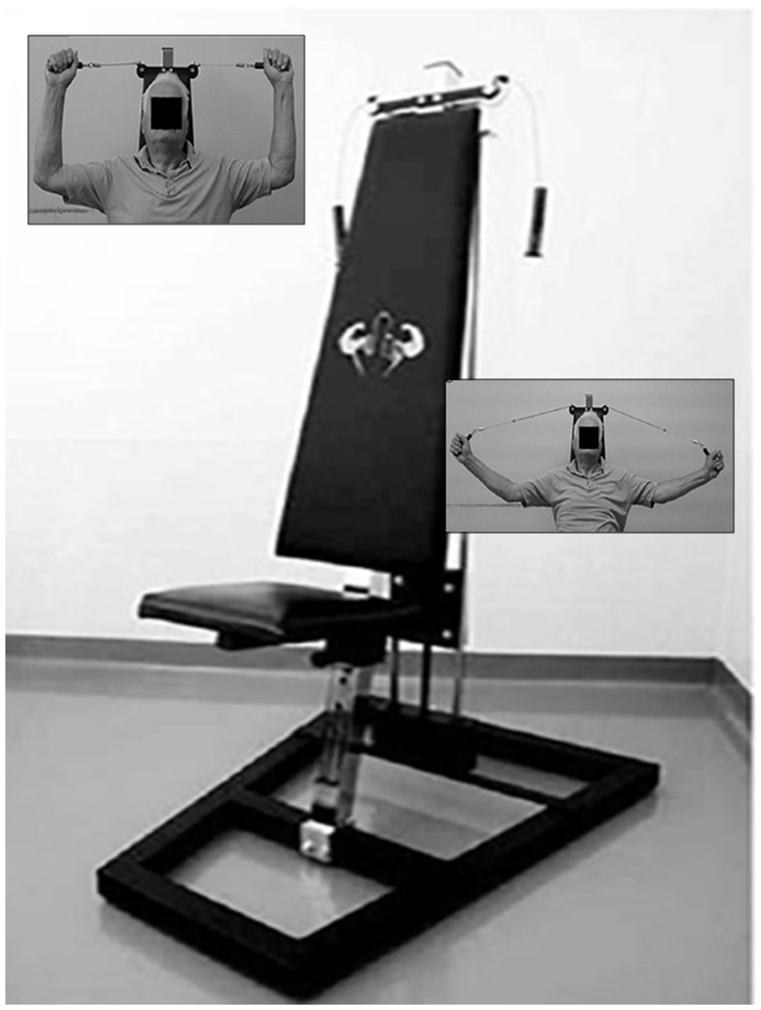 Exercise equipment with a seat and adjustable backrest. Inset images show a person wearing a head attachment and holding a rope, illustrating how to use the device. The photo is in black and white.
