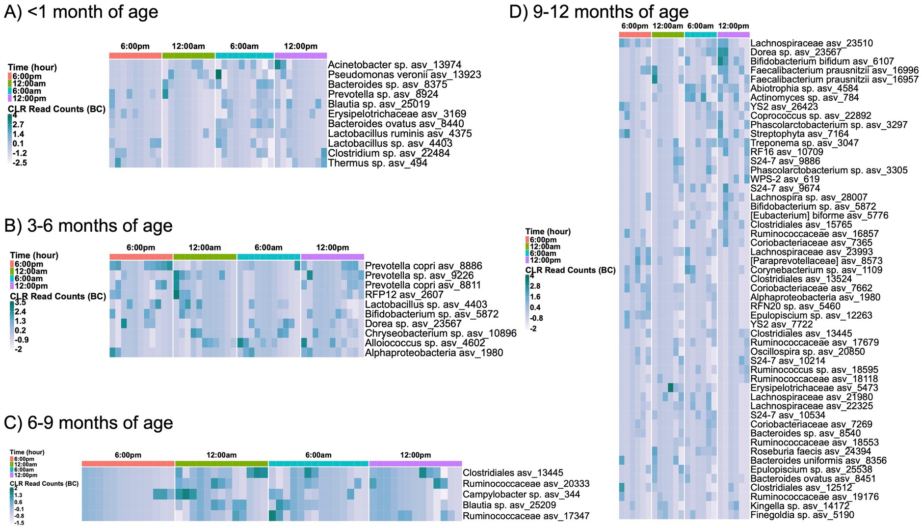 Heatmaps show bacterial types and abundance at different times of day across four panels for various ages. Panel A (less than 1 month), B (3-6 months), C (6-9 months), and D (9-12 months) use a color scale representing CLR read counts. Time is marked along the top, ranging from 6:00 PM to 12:00 PM. Each panel lists specific bacteria alongside their read counts, illustrating the bacterial population changes with age and time.