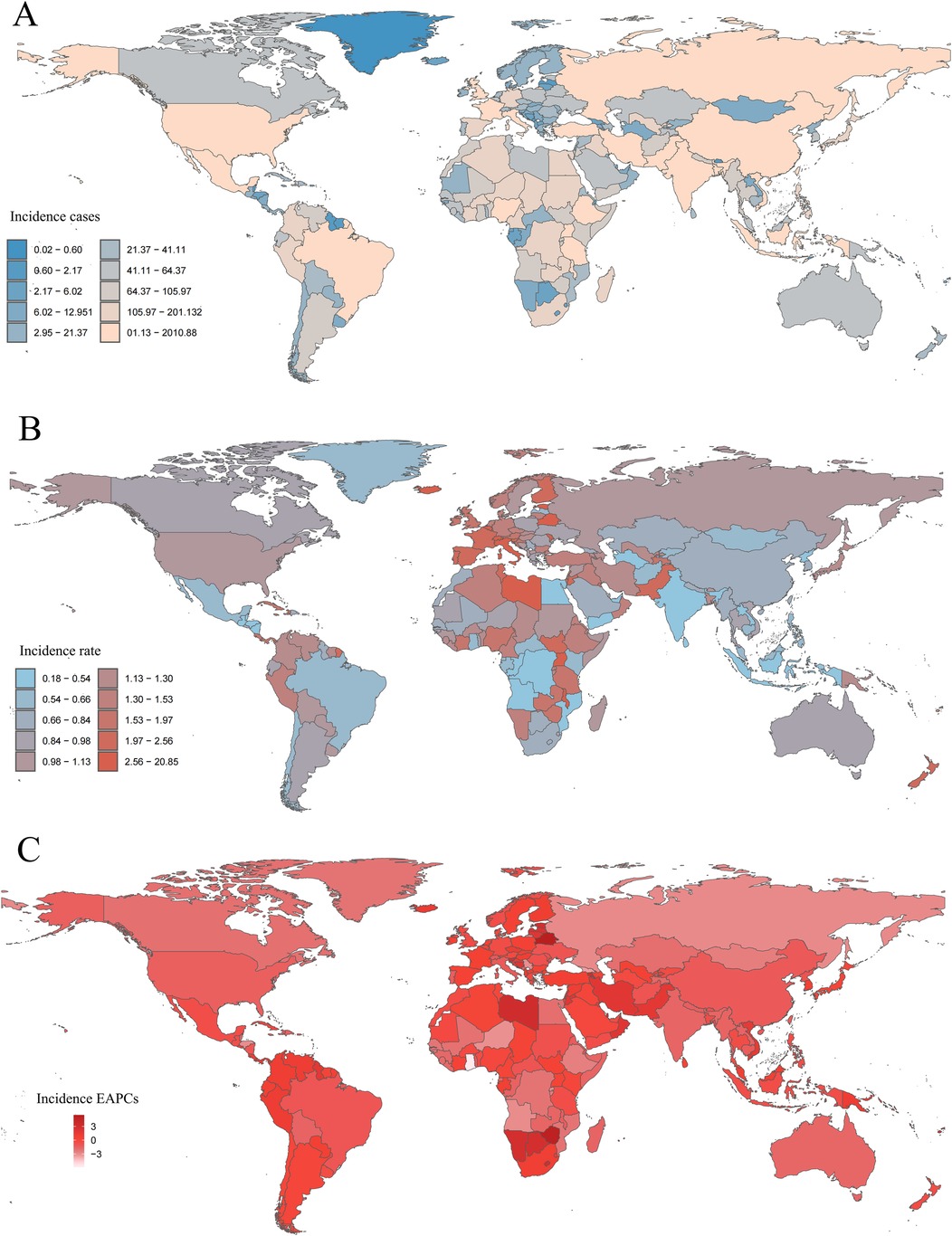 Three world maps labeled A, B, and C show data on disease incidence. Map A depicts incidence cases, using a color scale from light blue to orange representing different case ranges. Map B illustrates incidence rates with colors from light blue to red, indicating various rate levels. Map C shows EAPCs (estimated annual percentage changes) with a gradient of reds illustrating the changes across regions. Each map provides a visual comparison of spatial distribution in each category worldwide.