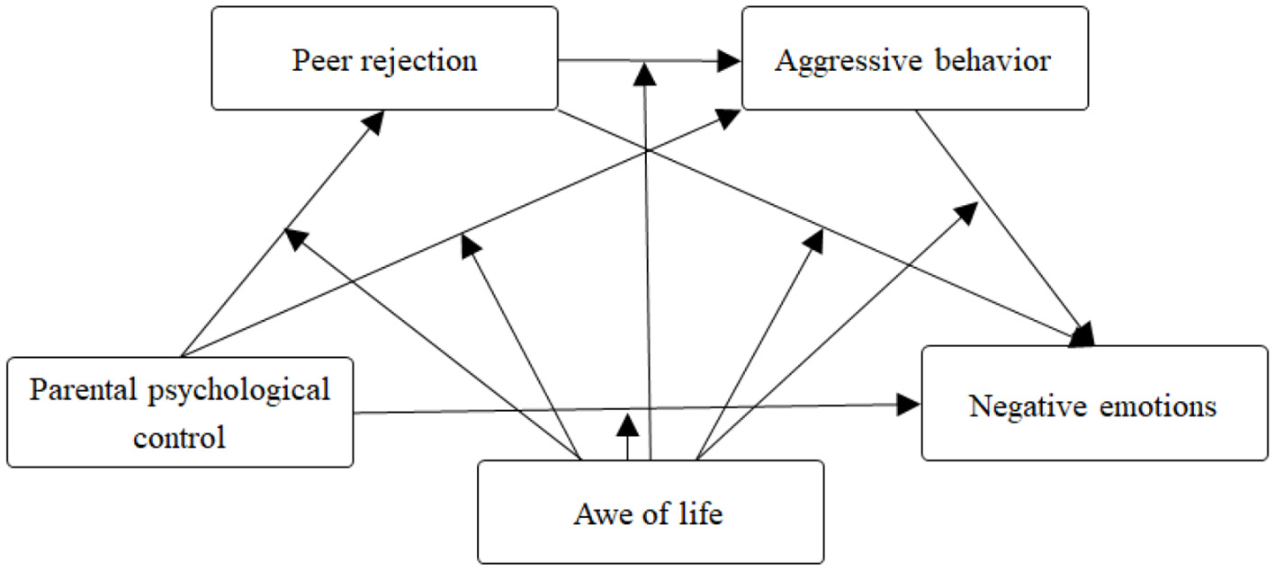 Parental psychological control influences peer rejection, aggressive behavior, and negative emotions. Awe of life is affected by these elements and also impacts negative emotions. Peer rejection and aggressive behavior are interconnected.