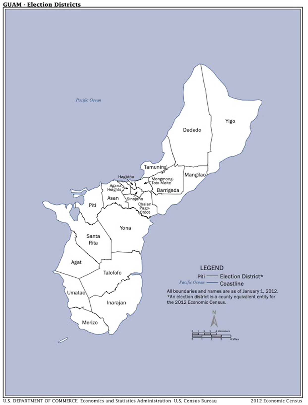 Map of Guam showing election districts and coastlines. Districts include Dededo, Yigo, Tamuning, Mangilao, Barrigada, and others. The map features a legend indicating election districts and coastlines. The Pacific Ocean surrounds the island.