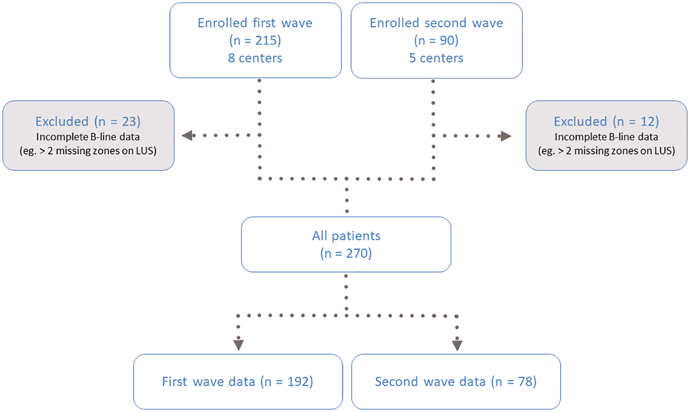 Flowchart depicting patient enrollment and data collection across two waves. First wave enrolled 215 patients from 8 centers, with 23 excluded for incomplete B-line data. Second wave enrolled 90 patients from 5 centers, with 12 excluded. Total patients analyzed: 270, with 192 in the first wave and 78 in the second wave.