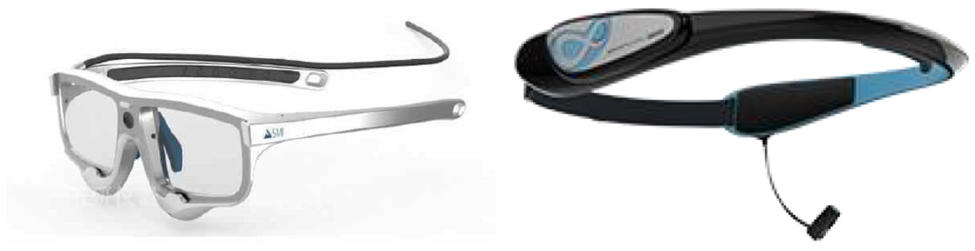 Two wearable devices are shown. On the left, a pair of high-tech glasses with transparent lenses and a sleek design. On the right, a black and blue headband with an attached cord, featuring a small oval component on one side.