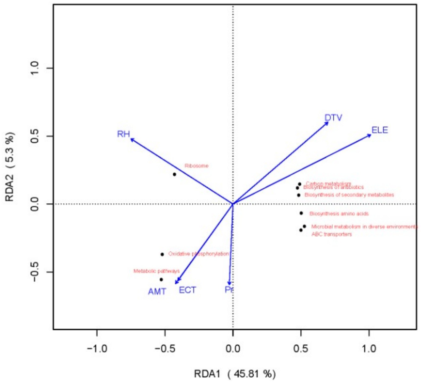 Ordination plot showing redundancy analysis (RDA) with two axes: RDA1 (45.81%) and RDA2 (5.3%). Blue arrows represent variables: RH, DTV, ELE, AMT, ECT, and PE. Black dots with red labels indicate data points related to ribosome, oxidative phosphorylation, and various biosynthesis pathways.