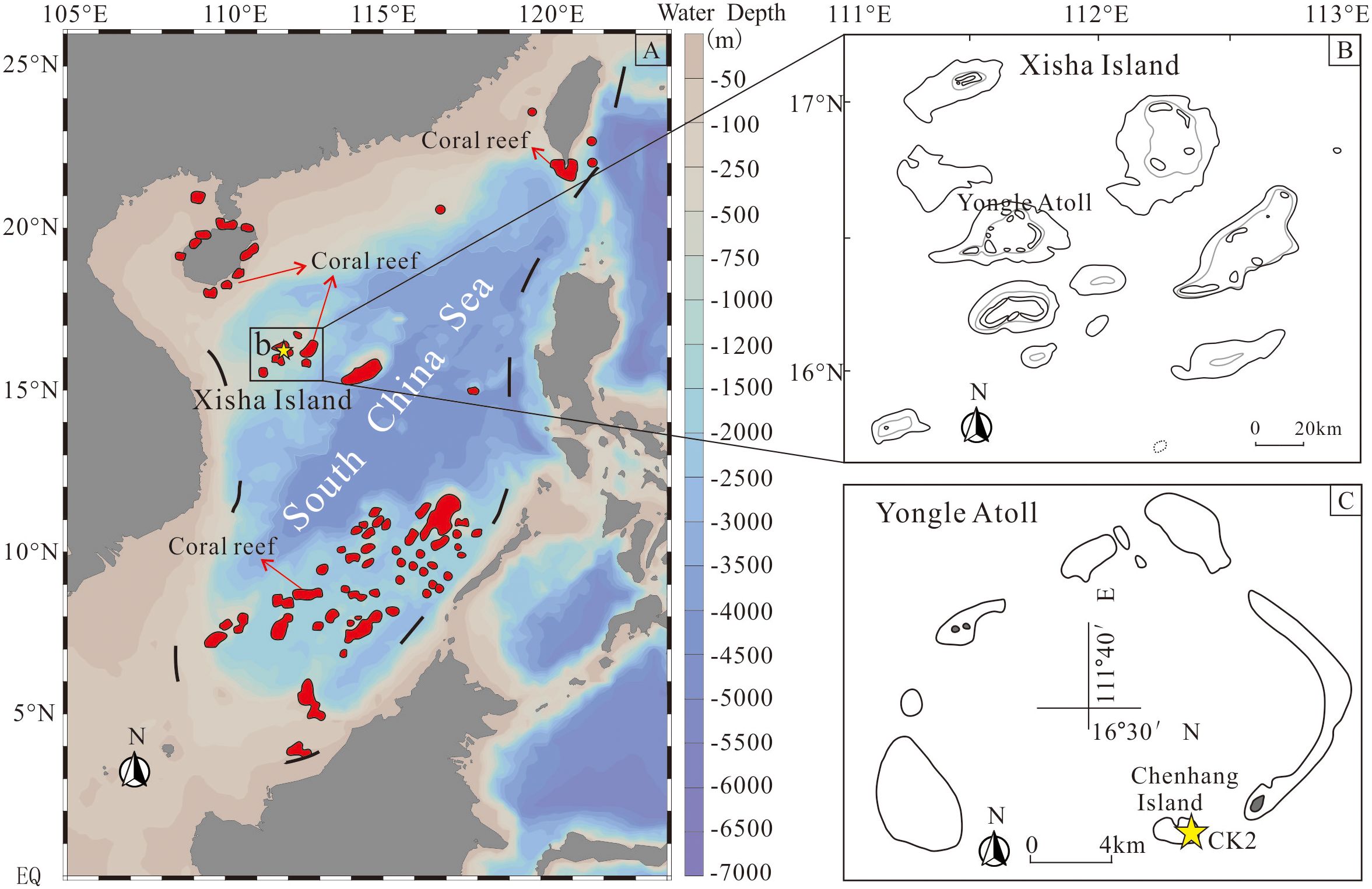 Map illustrating coral reefs in the South China Sea, highlighting Xisha Island and Yongle Atoll. The coral reefs marked in red. The right panels detail Xisha Island and Yongle Atoll, pinpointing locations like Chenhang Island. Depths range from zero to minus seven thousand meters. North is indicated in each panel.