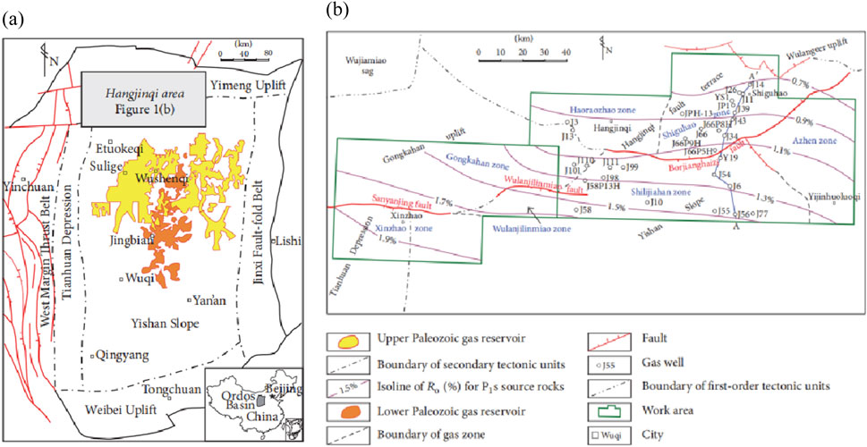(a) Map of the Hangjinqi area showing tectonic units, gas reservoirs, faults, gas wells, and boundaries. Key locations like Wushenqi and Yinchuan are marked. (b) Detailed map section with tectonic zones, faults, gas zones, and geographic features like the Wulanlinmiao fault and the Borjianghaizi fault. A legend explains symbols for reservoirs and geologic features.