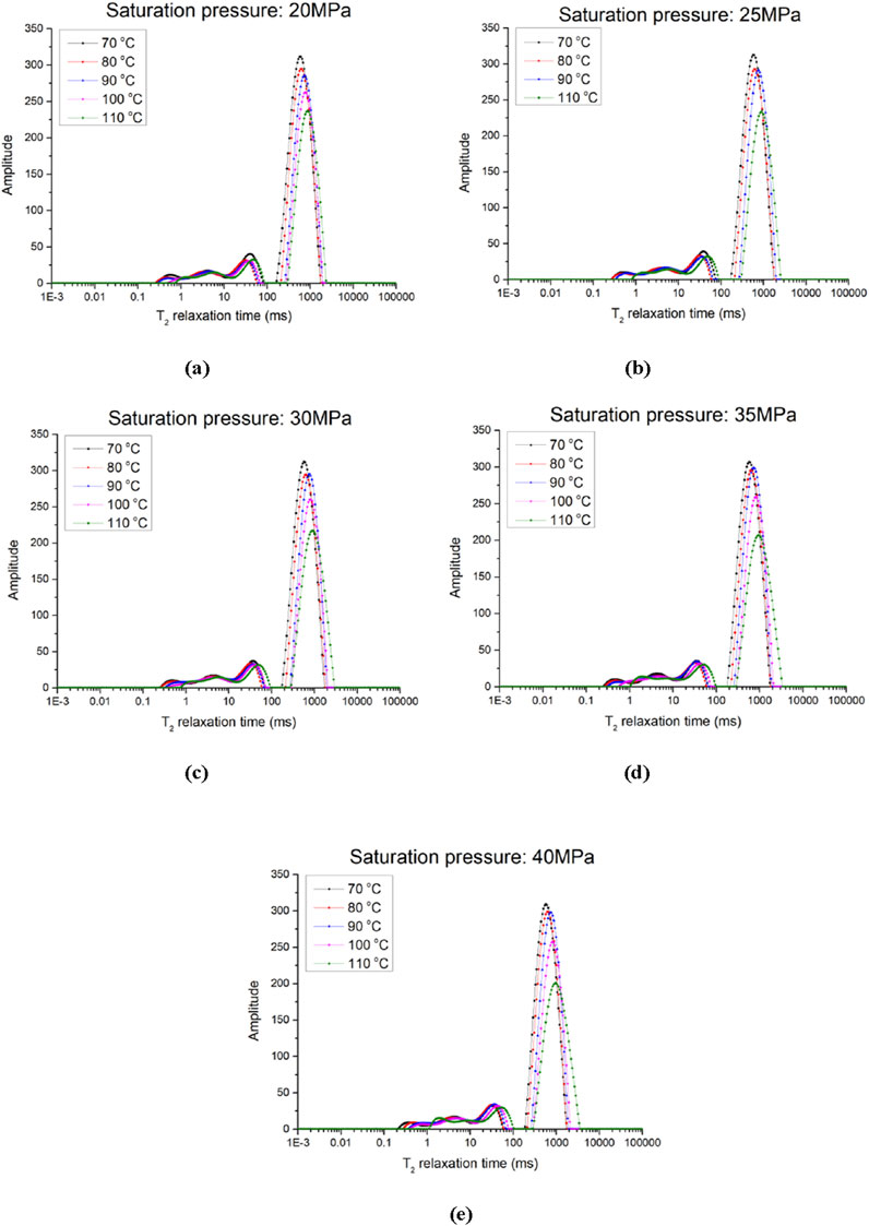 Five graphs depict T₂ relaxation time versus amplitude at various saturation pressures: 20 MPa, 25 MPa, 30 MPa, 35 MPa, and 40 MPa. Each graph includes lines for temperatures 70°C, 80°C, 90°C, 100°C, and 110°C. All graphs show a similar pattern with two peaks, a smaller one around 10 ms and a larger one around 1000 ms. The legends identify the temperature corresponding to each line color.