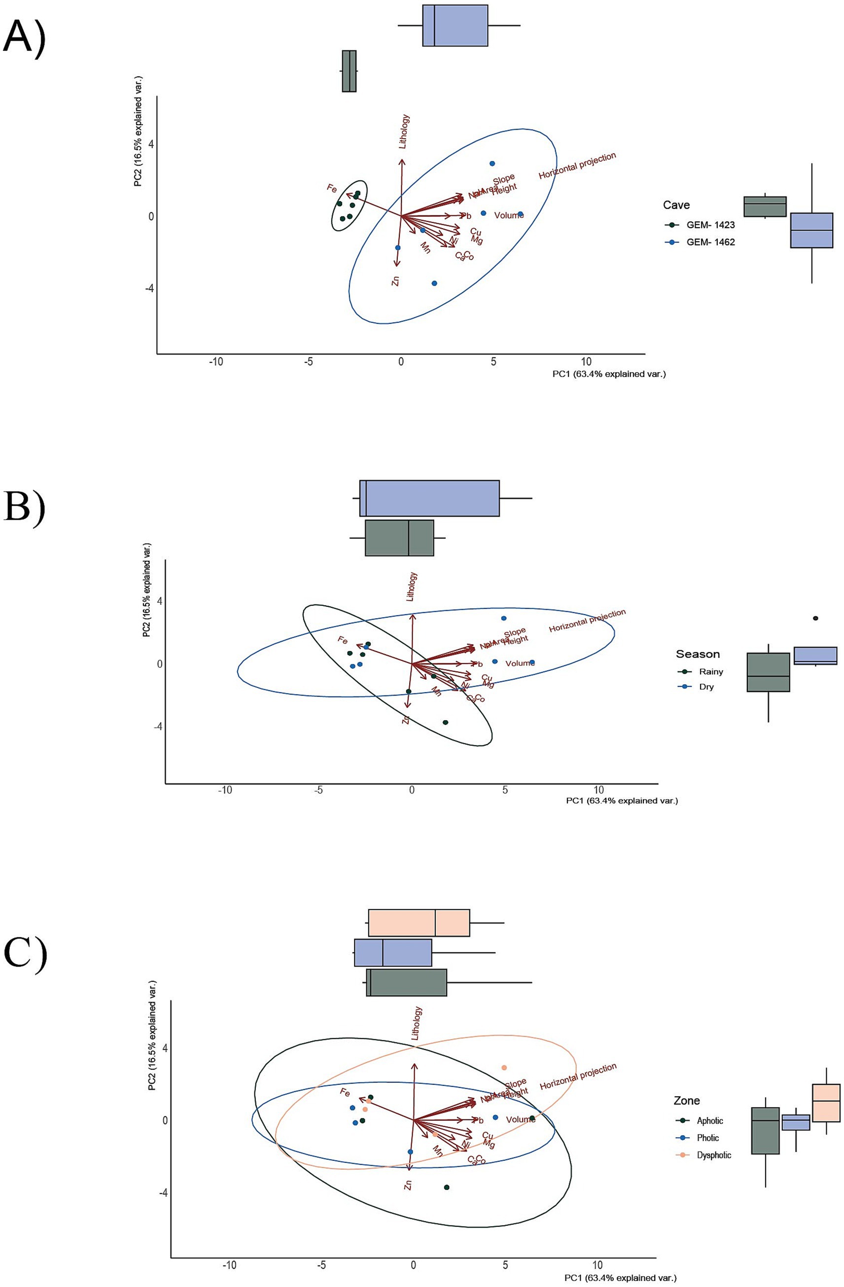 Three principal component analysis (PCA) biplots labeled A, B, and C. Each plot shows two clusters of points representing different variables. Plot A compares two caves, GEM-1423 and GEM-1462. Plot B contrasts rainy and dry seasons. Plot C differentiates zones: aphotic, photic, and dysphotic. Arrows indicate variable contributions, such as lithology, slope, volume, and various chemical elements like Fe and Zn. Box plots beside each graph display data distributions for the groups compared in each plot.