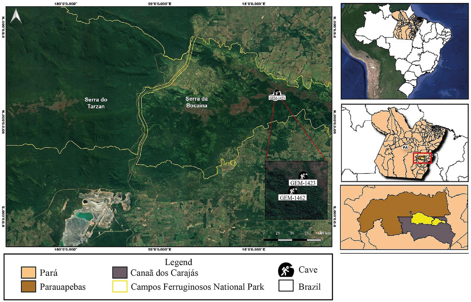 Satellite map of Campos Ferruginosos National Park in Brazil. Main areas include Serra do Tarzan and Serra da Bocaina. Inset shows caves GEM-1423 and GEM-1462. Legends indicate regions of Pará, Canaã dos Carajás, Parauapebas, and the park boundary. Small maps display locations within Brazil and Pará.
