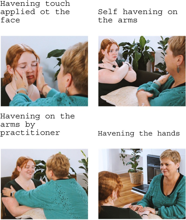 Four images showing different havening techniques. Top left: Practitioner applying havening touch to a woman’s face. Top right: Woman performing self-havening on her arms. Bottom left: Practitioner applying havening on the woman’s arms. Bottom right: Practitioner holding the woman’s hands for havening.