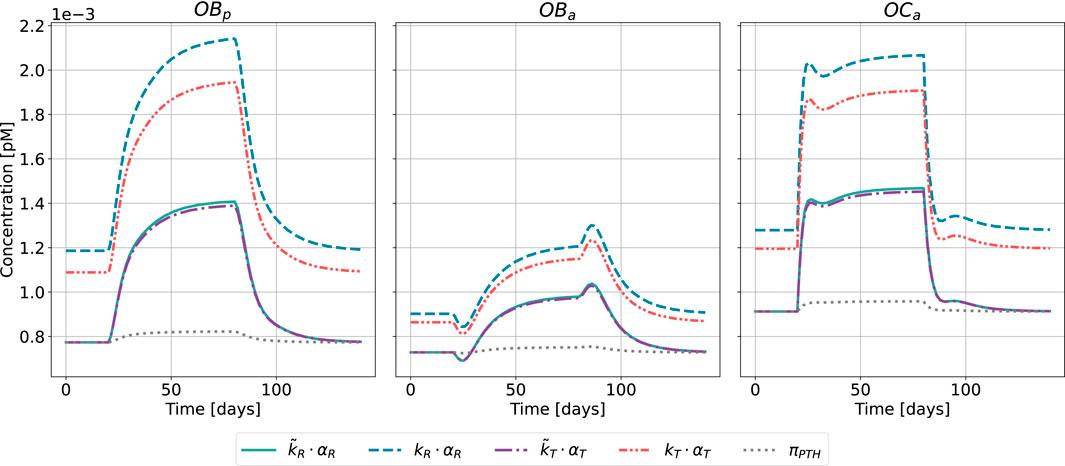 Three line graphs display changes in concentration over time for three different variables: \(OB_p\), \(OB_a\), and \(OC_a\). Each graph shows multiple lines representing different formulas, indicated by a legend. The x-axis shows time in days, and the y-axis shows concentration in picomoles. Key trends include initial increases, peaks around day 50, and subsequent declines.