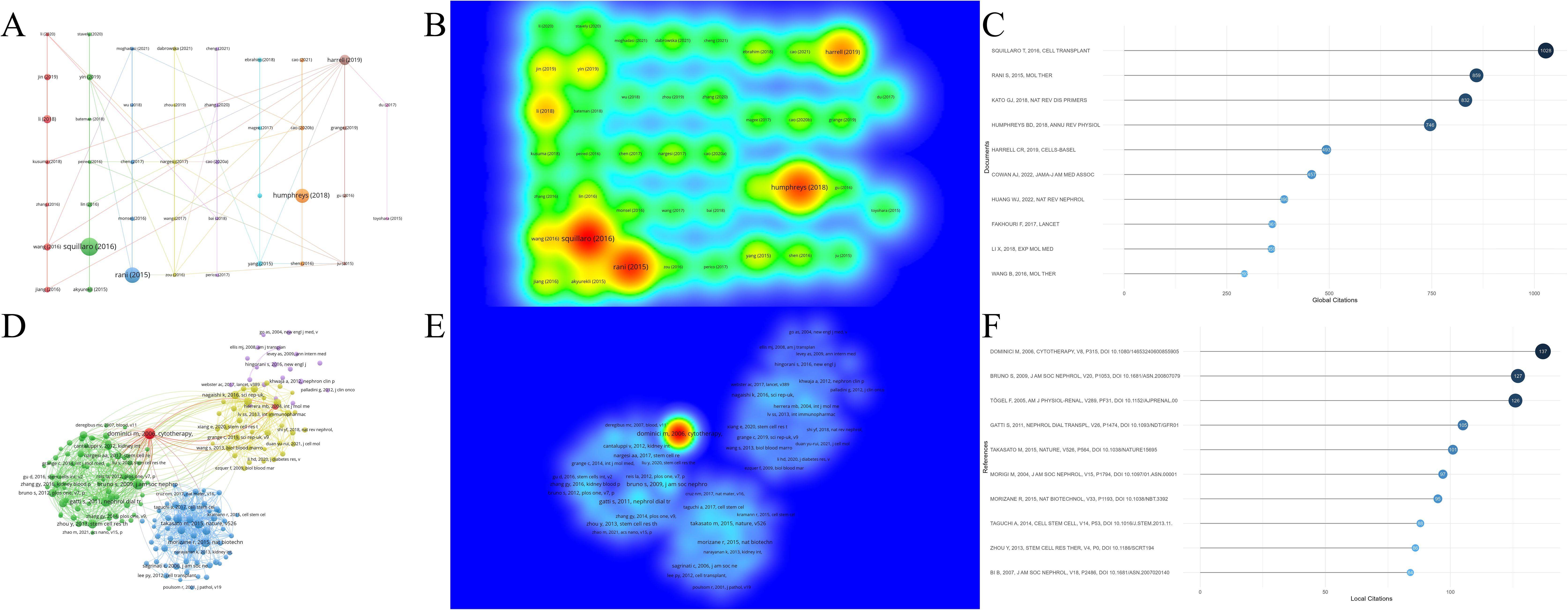 Panel A shows a network map of connected citations with nodes representing authors. Panel B displays a density visualization highlighting citation hotspots. Panel C is a bar chart of global citations by document. Panel D presents a clustered network of related topics. Panel E uses density mapping to indicate the concentration of references. Panel F is a bar chart of local citations highlighting influential documents.