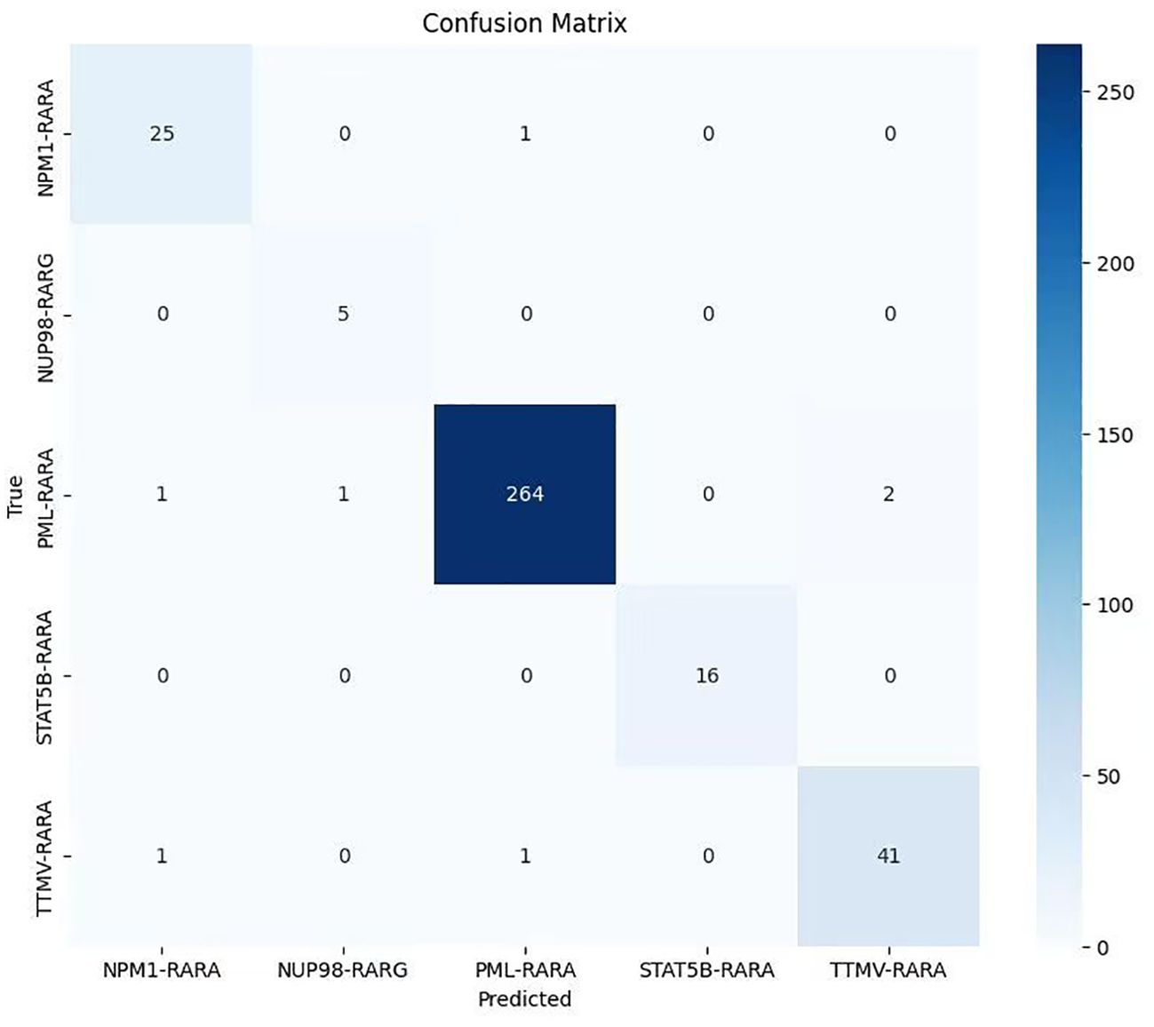 Confusion matrix with true labels on the y-axis and predicted labels on the x-axis, showing counts for: NPM1-RARA correctly predicted 25 times, NUP98-RARG 5 times, PML-RARA 264 times, STAT5B-RARA 16 times, and TTMV-RARA 41 times. Some misclassifications are present. A color gradient from light to dark blue indicates increasing counts.
