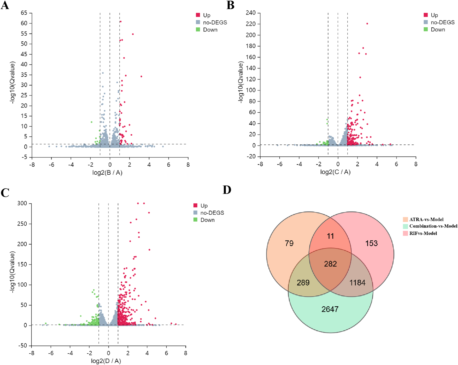 Three volcano plots and a Venn diagram depict differential gene expression analysis. Plots A, B, and C show genes categorized as upregulated (red), non-differentially expressed (gray), and downregulated (green) based on log2 fold change and -log10 Q value. Plot D is a Venn diagram comparing three datasets: ATRA vs. Model, Combination vs. Model, and RIF vs. Model, highlighting shared and unique gene counts.